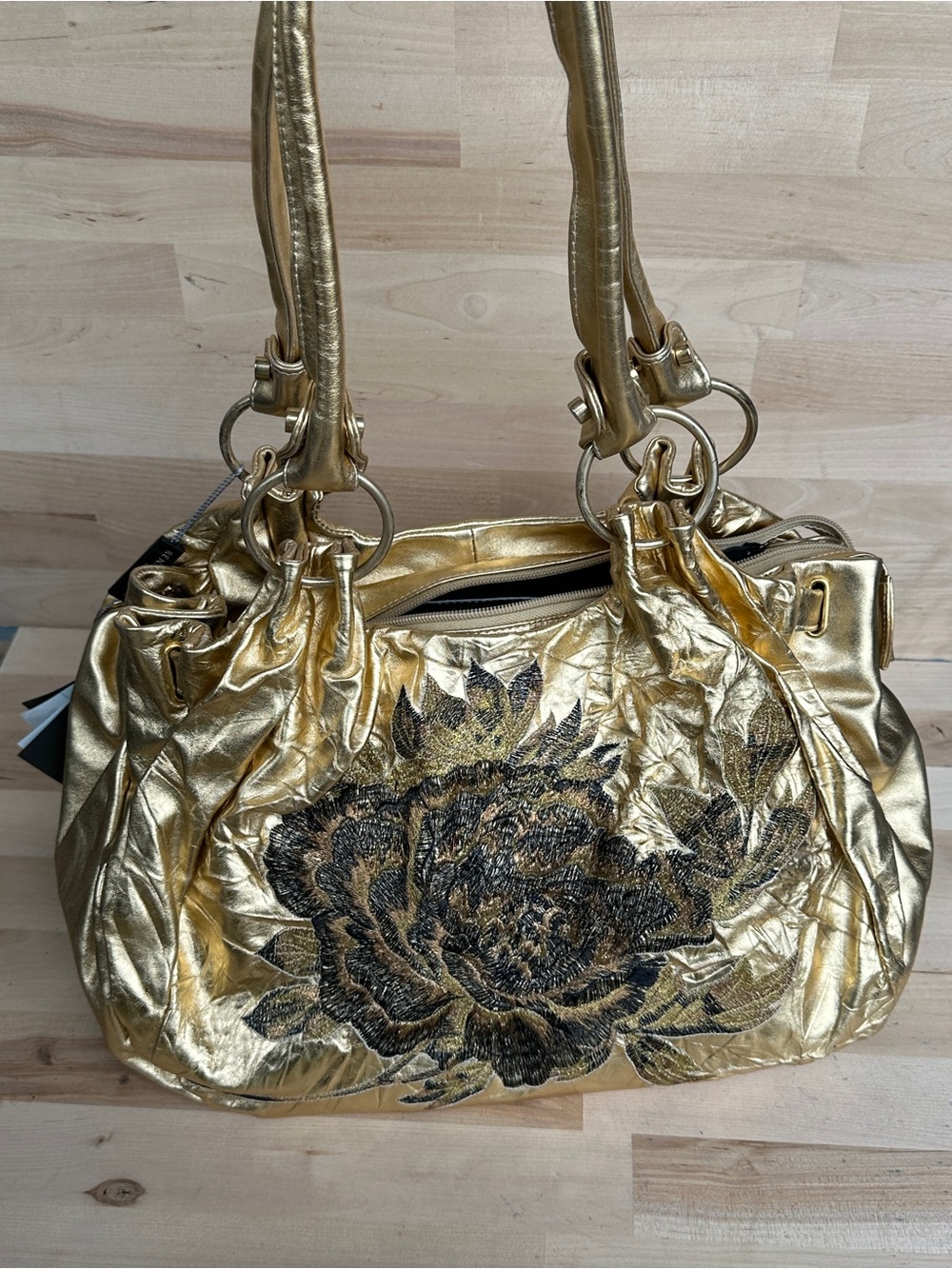Vintage Metallic Gold Floral Embroidered Shoulder Bag